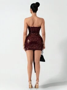 Zolique Women's Elegant Sexy Fashion Gold-Plated Fabric Leopard Print Strapless Mini Dress