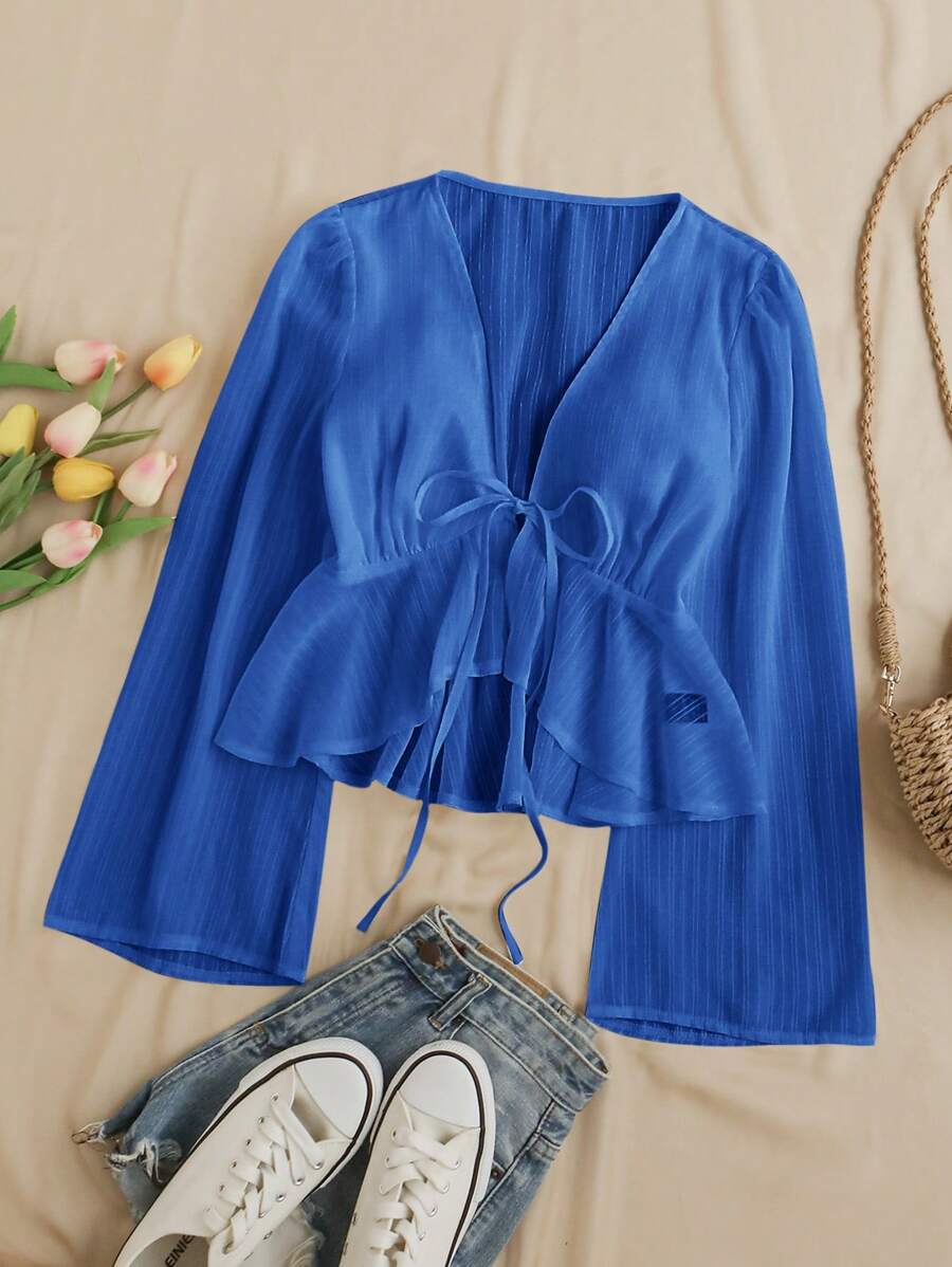 Soleia V-Neck Flare Sleeve Ruffle Hem Casual Blouse For Autumn