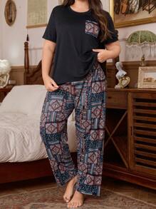 Plus Size Printed Crew Neck Short Sleeve Top & Pants Pajama Set, Outfits - Multicolor - View 2