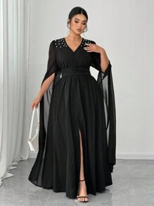 SHEIN Unity 大码女式仿珍珠装饰开衩下摆长款优雅连衣裙