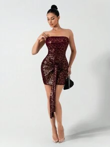 Zolique Women's Elegant Sexy Fashion Gold-Plated Fabric Leopard Print Strapless Mini Dress