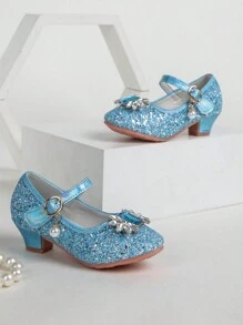 1 Pair Girls Crystal High Heel Princess Shoes, Suitable For Spring/Autumn - Blue - View 2