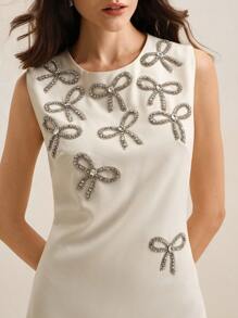 Anewsta Váy suông không tay thắt eo đính đá lấp lánh màu mơ thanh lịch, tôn dáng - trắng - Xem 7