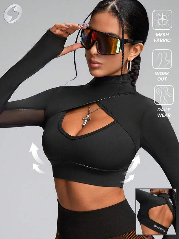 Innovista Sexy Solid Color Cut Out & Mesh Cut Out T-Shirt Sweatshirt, Basic Top Outfits Matching, Workout Gym Daily, Basic T Shirt, Workout Tops, Y3k, Gym Top,Long T-Shirt / Cropped Top Sweatshirts,Pilates,Sexy Long Sleeve Top