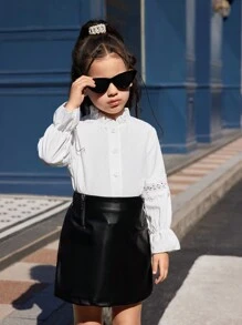 SHEIN Young Girl 2 Pieces Set, Solid Color Ruffle Collar Long Sleeve Blouse And PU Leather Mini Skirt, Fashion Autumn Outfit