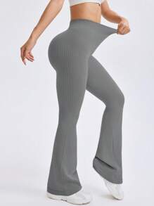 Gameset SHEIN Sport 女士纯色褶皱喇叭腿瑜伽裤，休闲和健身 - 深灰色 - 查看 5