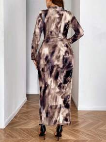 SHEIN Clasi 大码秋季时尚扎染褶饰修身长裙