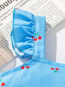 2 件套年轻女孩时尚樱桃印花吊带背心和刺绣牛仔短裤套装 - 彩色 - 查看 6