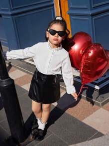 SHEIN Young Girl 2 Pieces Set, Solid Color Ruffle Collar Long Sleeve Blouse And PU Leather Mini Skirt, Fashion Autumn Outfit