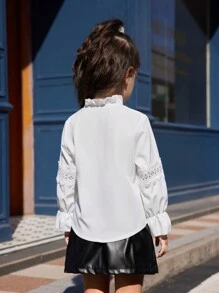 SHEIN Young Girl 2 Pieces Set, Solid Color Ruffle Collar Long Sleeve Blouse And PU Leather Mini Skirt, Fashion Autumn Outfit
