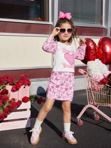 2pcs Young Girls Cartoon Heart Print Long Sleeve Top And Skirt Set, Suitable For Outings And All Seasons Wear - Multicolor - View 7