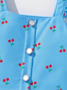 2 件套年轻女孩时尚樱桃印花吊带背心和刺绣牛仔短裤套装 - 彩色 - 查看 3