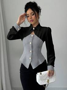 Selianne Áo sơ mi khoét lỗ thiết kế mới có eo thắt, áo sơ mi hở trước tay dài thời trang - màu đen - Xem 4