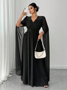 SHEIN Unity 大码女式仿珍珠装饰开衩下摆长款优雅连衣裙