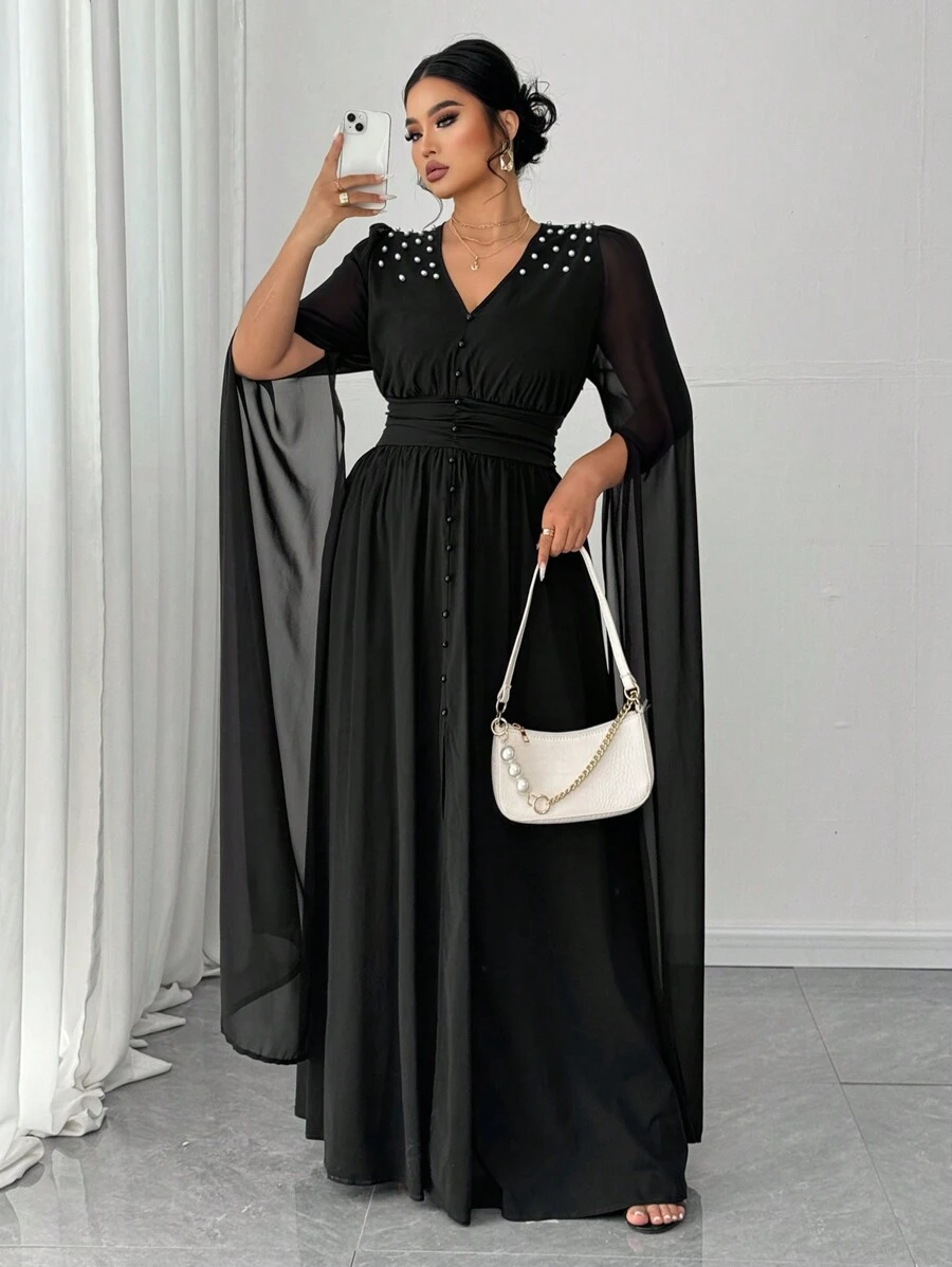 SHEIN Unity 大码女式仿珍珠装饰开衩下摆长款优雅连衣裙