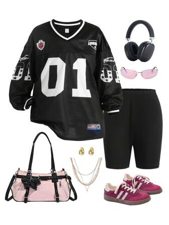 Tween Girl Phoenix & Number Print V-Neck Loose Long Sleeve T-Shirt And Super Short Leggings Sports 2pcs Set