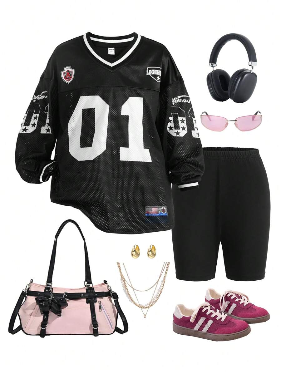 Tween Girl Phoenix & Number Print V-Neck Loose Long Sleeve T-Shirt And Super Short Leggings Sports 2pcs Set - Black - View 1