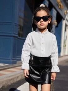 SHEIN Young Girl 2 Pieces Set, Solid Color Ruffle Collar Long Sleeve Blouse And PU Leather Mini Skirt, Fashion Autumn Outfit