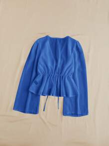 Soleia V-Neck Flare Sleeve Ruffle Hem Casual Blouse For Autumn