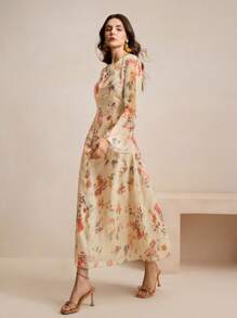 Anewsta 女式花卉印花长袖度假风优雅时尚连衣裙 - 杏色 - 查看 5