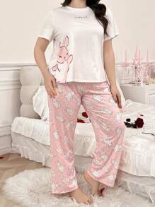 Plus Size Pajama Set, Knit Crew Neck Cute Cartoon Rabbit Print Short Sleeve & Long Pants, Casual Homewear For All Seasons, Outfits - Watermelon Pink - View 6