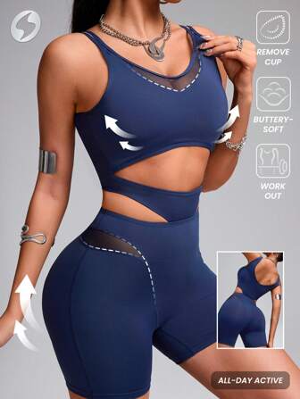 Innovista 女士运动塑形提臀连体裤，透气网眼镂空设计，秋季健身运动服，瑜伽，健身房，镂空连体裤，蓝色，可拆卸胸垫，女士连体裤，外出连体裤，节日，秋季女士连体裤套装，清爽浅蓝色