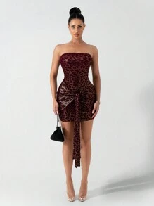 Zolique Women's Elegant Sexy Fashion Gold-Plated Fabric Leopard Print Strapless Mini Dress