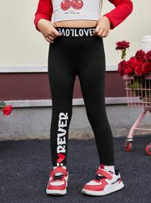 SHEIN Explorewe Young Girl Black Leggings With Cool Letter Print, Streetwear Style Young Girl Skinny Leggings, Suitable For Sports, Daily Wear, School, Outdoor Activities, All Seasons, Winter