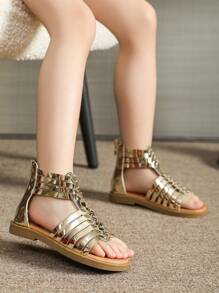 女童编织双带凉鞋，金色，儿童夏季鞋，儿童拉链平底凉鞋 - 金色 - 查看 5