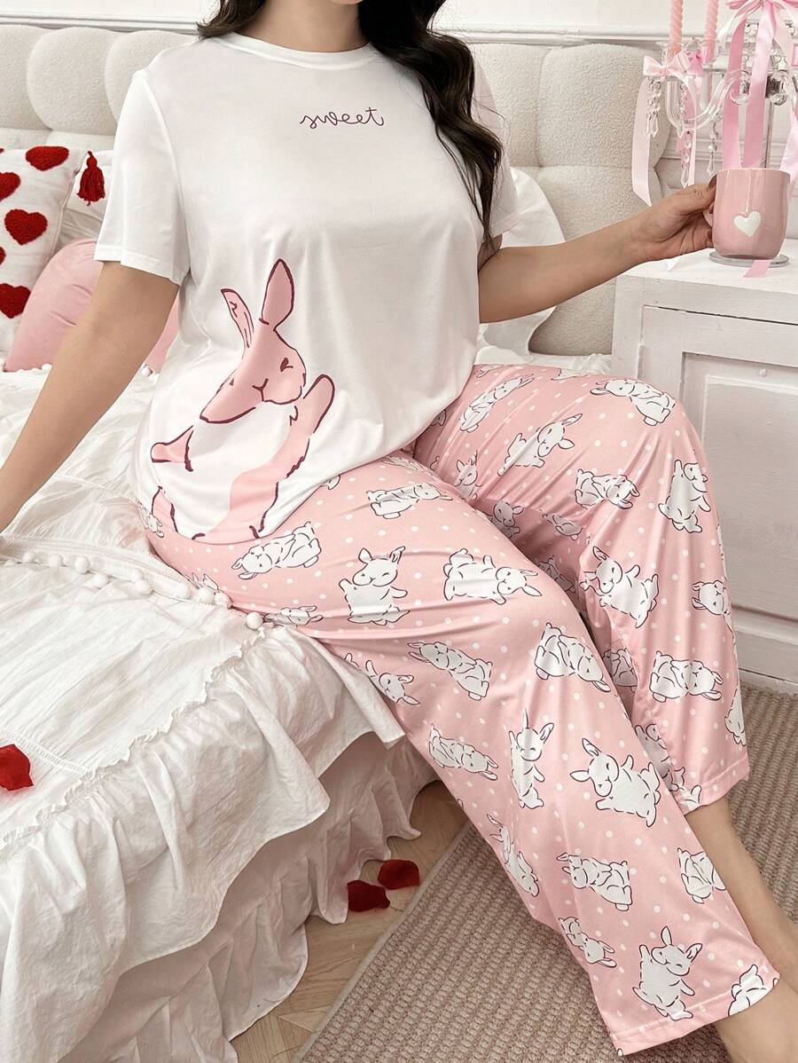 Plus Size Pajama Set, Knit Crew Neck Cute Cartoon Rabbit Print Short Sleeve & Long Pants, Casual Homewear For All Seasons, Outfits - Watermelon Pink - View 1
