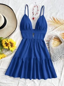 Soleia Vacation Casual V-Neck Backless Red Dress