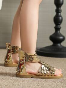 女童编织双带凉鞋，金色，儿童夏季鞋，儿童拉链平底凉鞋 - 金色 - 查看 6