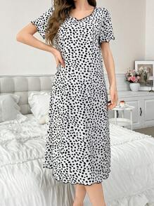 Polka Dot Ribbed Knit Loose Short Sleeve Hemmed Nightgown For Women