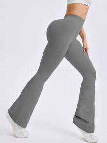 Gameset SHEIN Sport 女士纯色褶皱喇叭腿瑜伽裤，休闲和健身 - 深灰色 - 查看 4