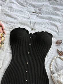 Soleia 女士性感修身罗纹针织荷叶边抹胸连衣裙 - 黑色 - 查看 6