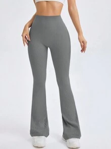 Gameset SHEIN Sport 女士纯色褶皱喇叭腿瑜伽裤，休闲和健身 - 深灰色 - 查看 7