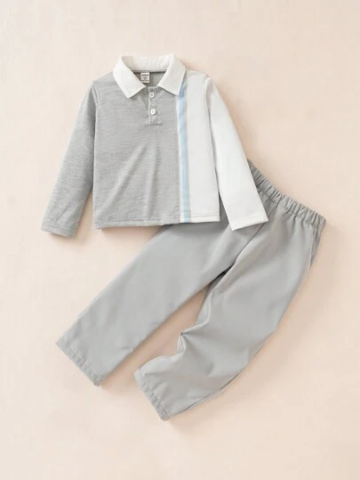 SHEIN 2 件装幼儿男童休闲灰色 Polo 领衬衫和短裤套装，适合户外运动和旅行，春夏季