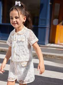 SHEIN 2 món/bộ áo thun tay ngắn cài nút phía trước và chân váy mini cho bé gái - trắng - Xem 4