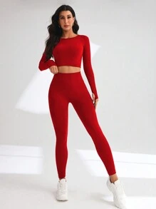 SHEIN Core Rhythm Bộ đồ tập luyện cho nữ, áo thun thể thao dài tay cổ tròn màu trơn và quần legging Bộ đồ tập luyện cho nữ Bộ đồ tập luyện cho nữ - Đỏ - Xem 4