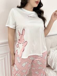 Plus Size Pajama Set, Knit Crew Neck Cute Cartoon Rabbit Print Short Sleeve & Long Pants, Casual Homewear For All Seasons, Outfits - Watermelon Pink - View 4
