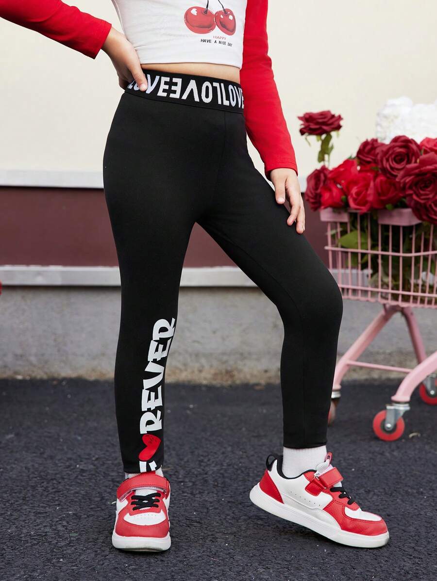 SHEIN Explorewe Young Girl Black Leggings With Cool Letter Print, Streetwear Style Young Girl Skinny Leggings, Suitable For Sports, Daily Wear, School, Outdoor Activities, All Seasons, Winter