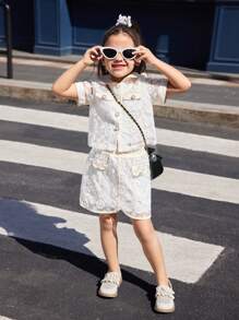 SHEIN 2 món/bộ áo thun tay ngắn cài nút phía trước và chân váy mini cho bé gái - trắng - Xem 5
