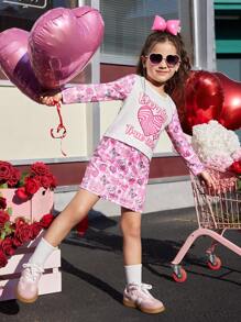 2pcs Young Girls Cartoon Heart Print Long Sleeve Top And Skirt Set, Suitable For Outings And All Seasons Wear - Multicolor - View 1