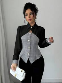 Selianne Áo sơ mi khoét lỗ thiết kế mới có eo thắt, áo sơ mi hở trước tay dài thời trang - màu đen - Xem 3