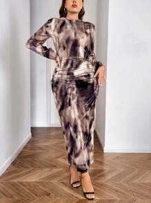 SHEIN Clasi 大码秋季时尚扎染褶饰修身长裙