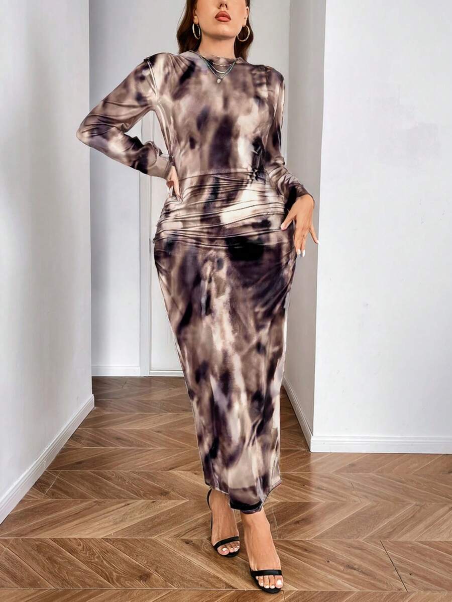 SHEIN Clasi 大码秋季时尚扎染褶饰修身长裙