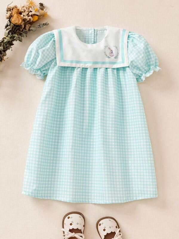 Souflis Souflis Young Girl Summer Plaid Fabric Loose Fit Peter Pan Collar Puff Sleeve Open Back Sweet Bunny Print Casual Dress