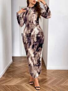 SHEIN Clasi 大码秋季时尚扎染褶饰修身长裙