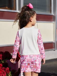 2pcs Young Girls Cartoon Heart Print Long Sleeve Top And Skirt Set, Suitable For Outings And All Seasons Wear - Multicolor - View 2