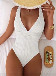 Swim Basics Traje de baño de una pieza elegante con cuello en V y tirantes gruesos para el verano - Blanco - Ver 6